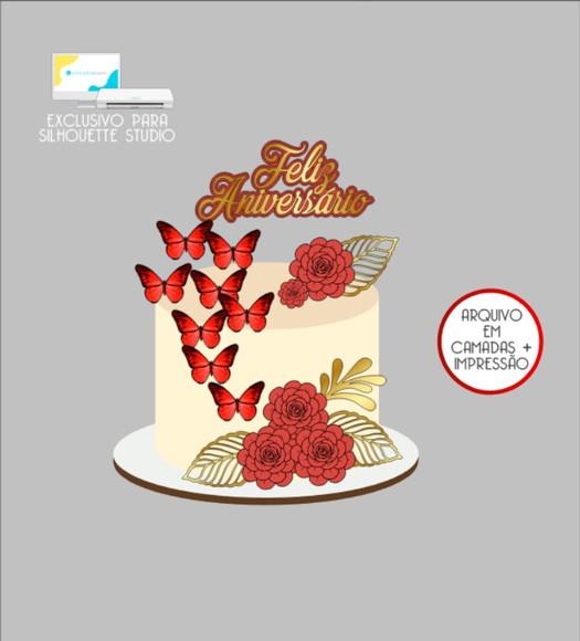 2843 - Arquivo Topo de Bolo Flores Borboletas Vermelhas