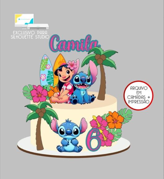 2866 - Arquivo Topo de Bolo Lilo e Stitch Flores