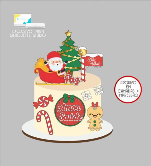 2865 - Arquivo Topo de Bolo Natal Papai Noel Trenó