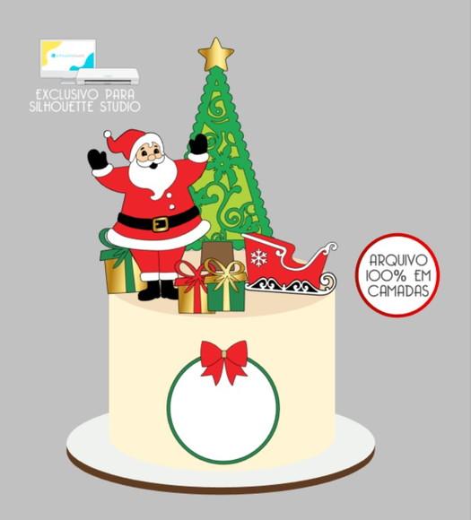 2877 - Arquivo Topo de Bolo Natal Papai Noel Trenó