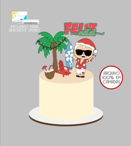 2924 - Arquivo Topo de Bolo Natal Papai Noel na Praia