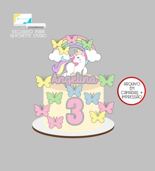 3056 - Arquivo Topo de Bolo Unicórnio Borboletas