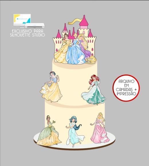 3105 - Arquivo Topo de Bolo Princesas Disney Aquarela