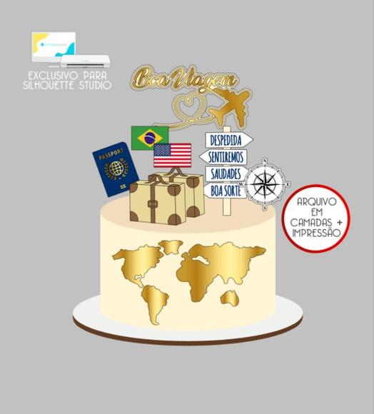 3115 - Arquivo Topo de Bolo Viagem Turista Malas 3d