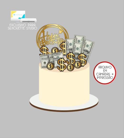 3183 - Arquivo Topo de Bolo Dinheiro Moedas Dólar