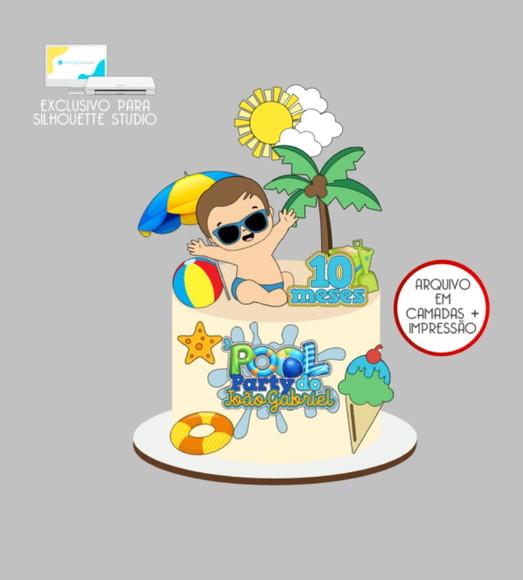 3268 - Arquivo Topo de Bolo Pool Party Menino