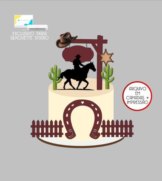 3416 - Arquivo Topo de Bolo Vaqueiro Cavalo Fazenda