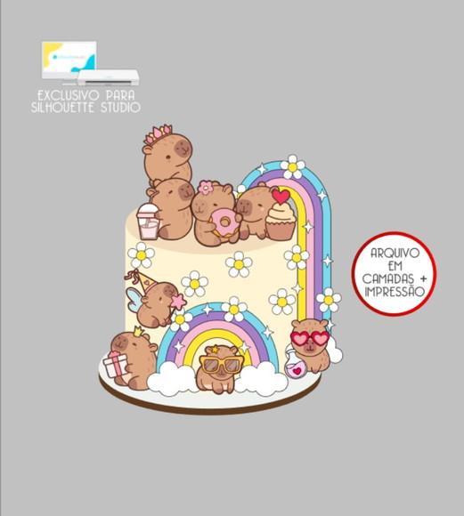 3469 - Arquivo Topo de Bolo Capivara Margaridas Arco-íris