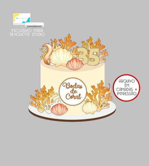 3485 - Arquivo Topo de Bolo Casamento Bodas de Coral