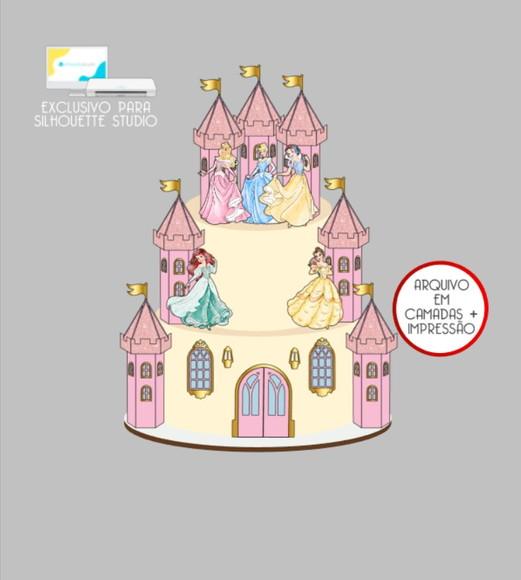 3517 - Arquivo Topo de Bolo Princesas Aquarela Castelos 3d