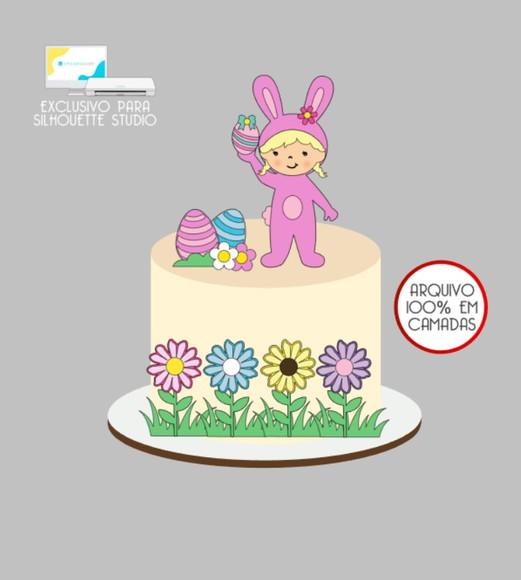 3574 - Arquivo Topo de Bolo Páscoa Menina Coelhinha