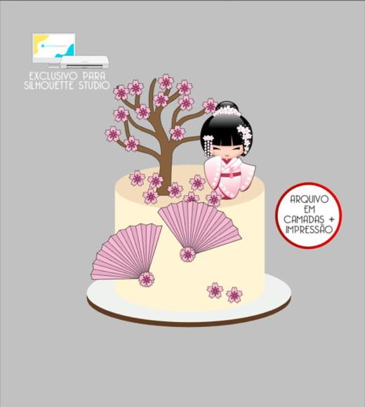 3609 - Arquivo Topo de Bolo Kokeshi Japonesa Oriental