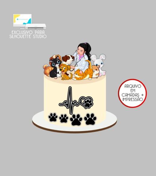 3767 - Arquivo Topo de Bolo Veterinária Cachorros e Gatos