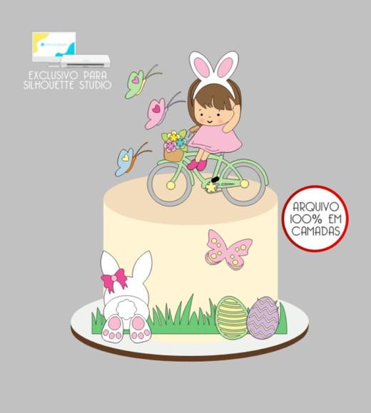 3907 - Arquivo Topo de Bolo Coelho Páscoa Bicicleta Menina