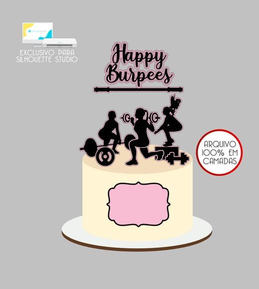 3953 - Arquivo Topo de Bolo Academia Mulher Happy Burpees