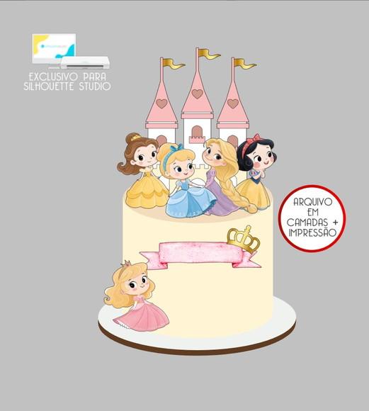 4111 - Arquivo Topo de Bolo Princesas Baby Aquarela Castelo