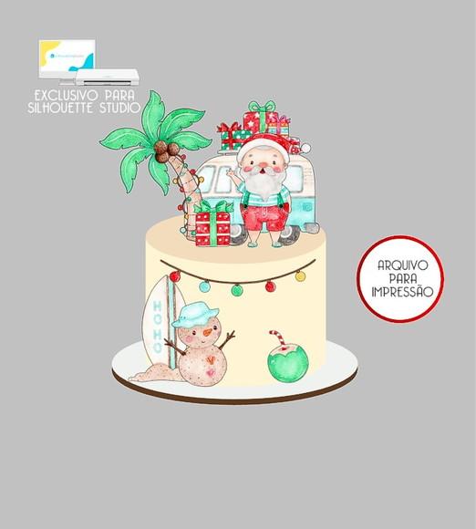 470 - Arquivo Topo de Bolo Natal Papai Noel Aquarela Praia