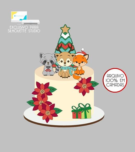 552 - Arquivo Topo de Bolo Natal Rena Raposa Guaxinim