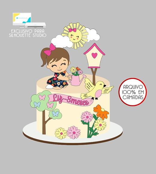 565 - Arquivo Topo de Bolo Jardim Encantado Menina Regador