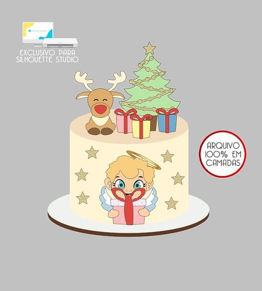 569 - Arquivo Topo de Bolo Natal Rena Anjinho Presentes