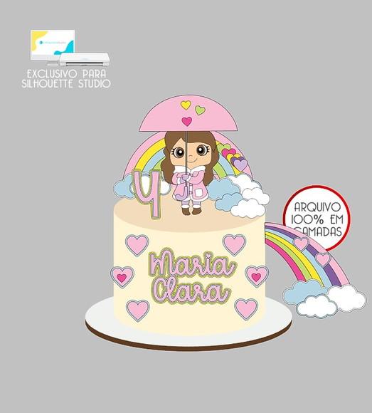 682 - Arquivo Topo de Bolo Chuva de Amor Menina Guarda-chuva