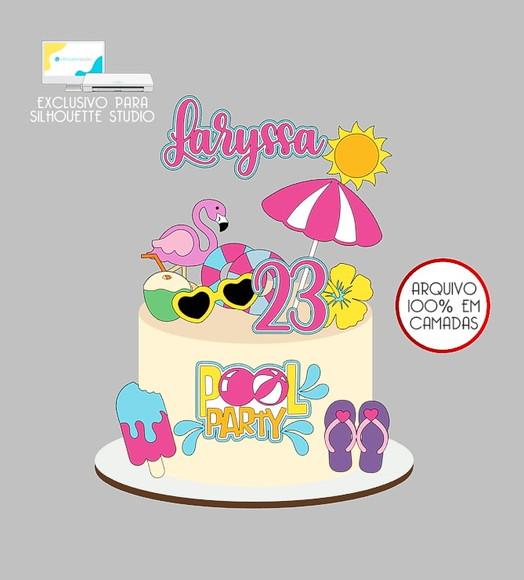 797 - Arquivo Topo de Bolo Flamingo Pool Party