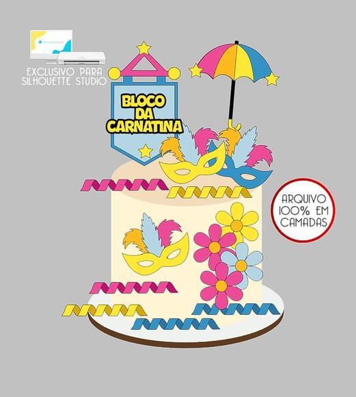 878 - Arquivo Topo de Bolo Carnaval Frevo Máscaras
