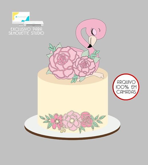 887 - Arquivo Topo de Bolo Flamingo Flores