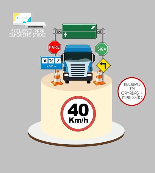 909 - Arquivo Topo de Bolo Caminhão Carreta Placas Trânsito