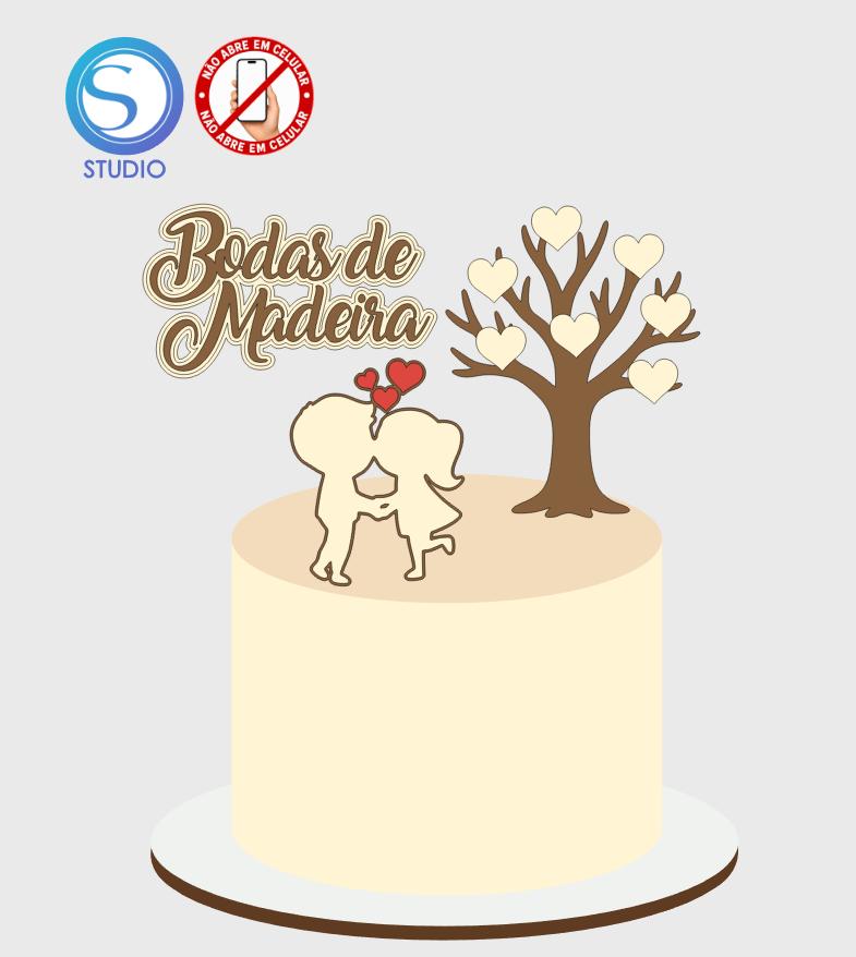 4347 - Arquivo Topo de Bolo Casamento Bodas de Madeira