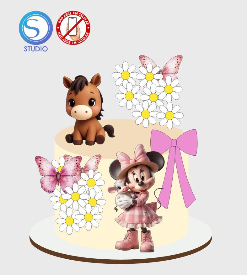 4360 - Arquivo Topo de Bolo Minnie Rosa Cavalo Margaridas