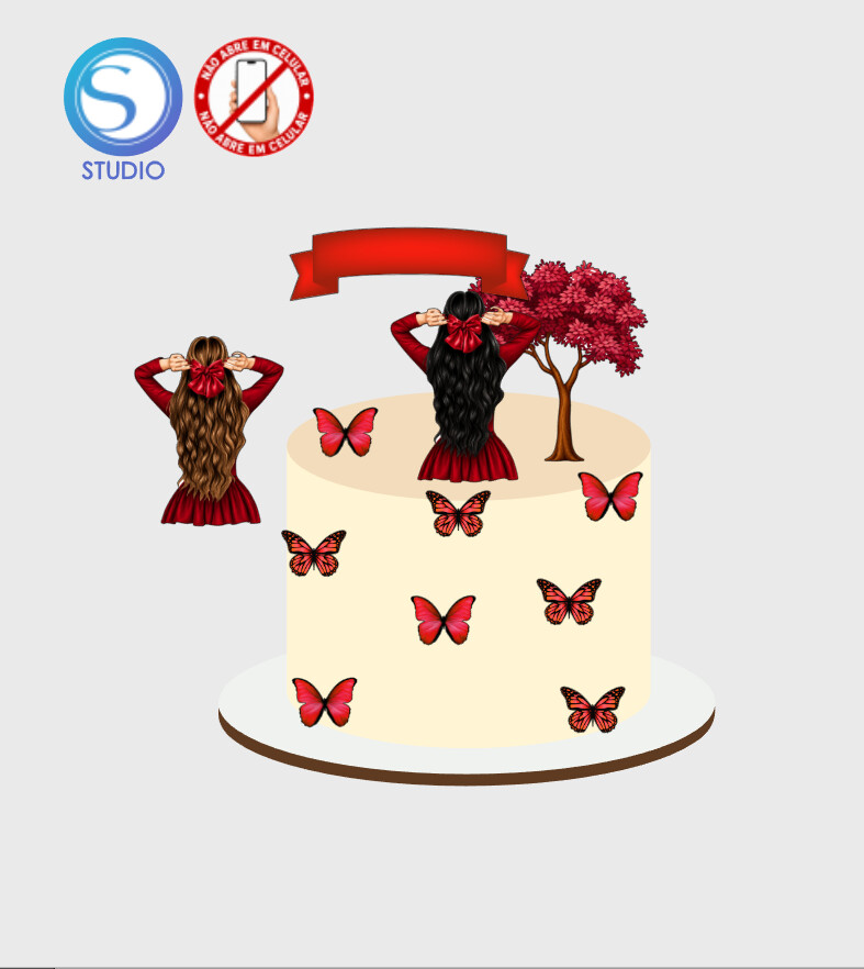 4512 - Arquivo Topo de Bolo Borboletas Mulher de Costas Vermelho