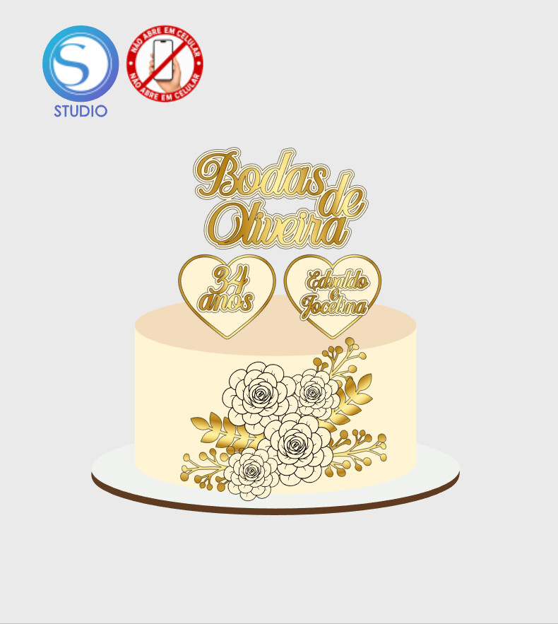 4575 - Arquivo Topo de Bolo Casamento Bodas de Oliveira
