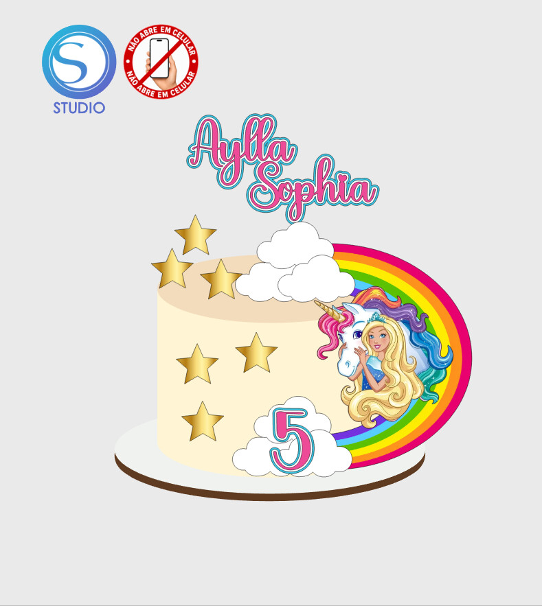 4585 - Arquivo Topo de Bolo Barbie Unicórnio