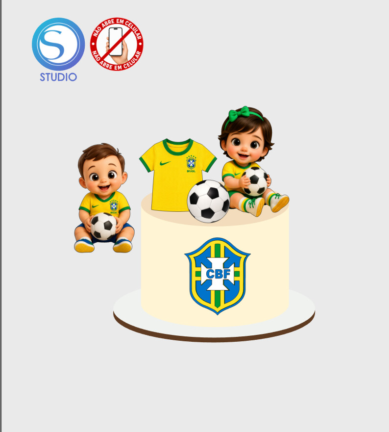 4593 - Arquivo Topo de Bolo Copa do Mundo Brasil Menina e Menino