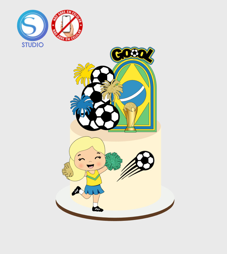 4702 - Arquivo Topo de Bolo Copa do Mundo Brasil Menina Torcedora