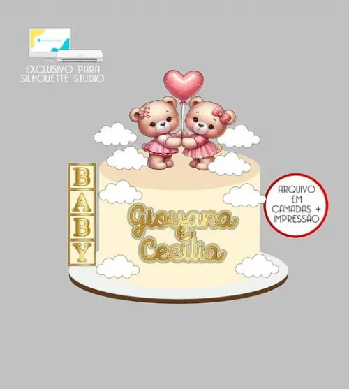 1045 - Arquivo Topo de Bolo Ursinhas Chá de Bebê