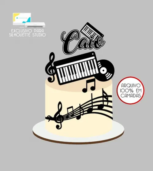 1075 - Arquivo Topo de Bolo Teclado Notas Musicais