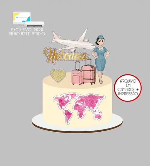 1098 - Arquivo Topo de Bolo Aeromoça Avião