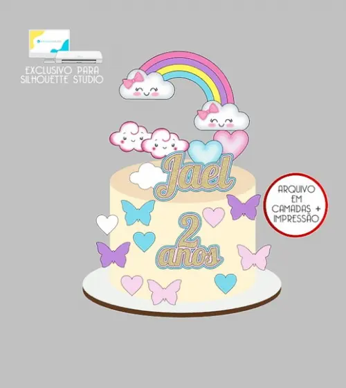 1166 - Arquivo Topo de Bolo Chuva de Amor Arco-íris