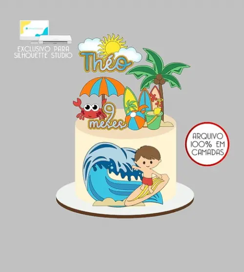 1226 - Arquivo Topo de Bolo Praia Surf Menino