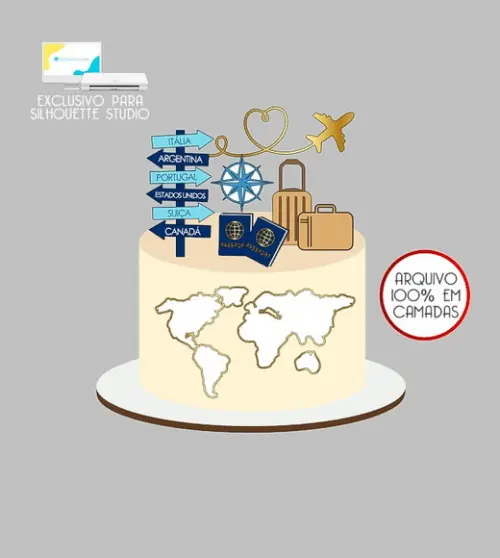 1224 - Arquivo Topo de Bolo Viagem Avião Malas