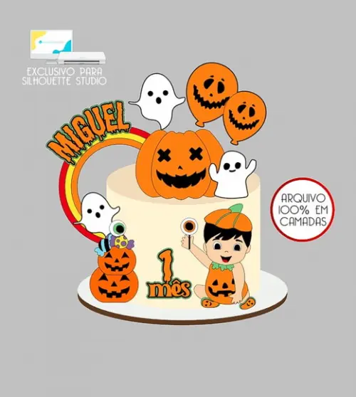 132 - Arquivo Topo de Bolo Halloween Menino Abóbora