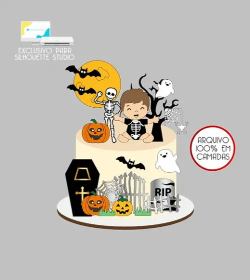 134 - Arquivo Topo de Bolo Halloween Menino Caixão 3d