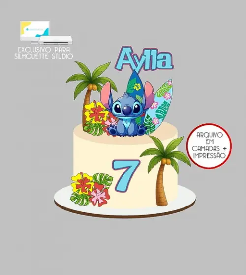1352 - Arquivo Topo de Bolo Stitch Praia