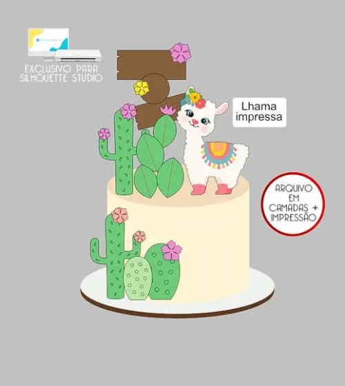 1360 - Arquivo Topo de Bolo Cactos Lhama