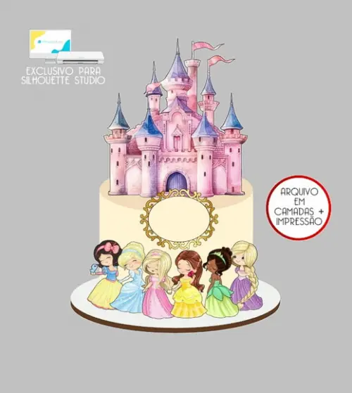 1385 - Arquivo Topo de Bolo Princesas Aquarela Castelo