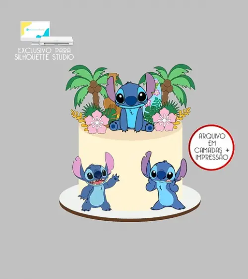 1384 - Arquivo Topo de Bolo Stitch Praia