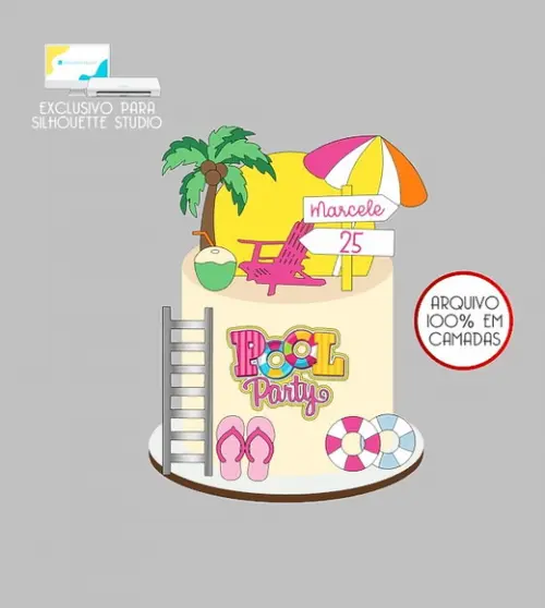 1529 - Arquivo Topo de Bolo Praia Pool Party
