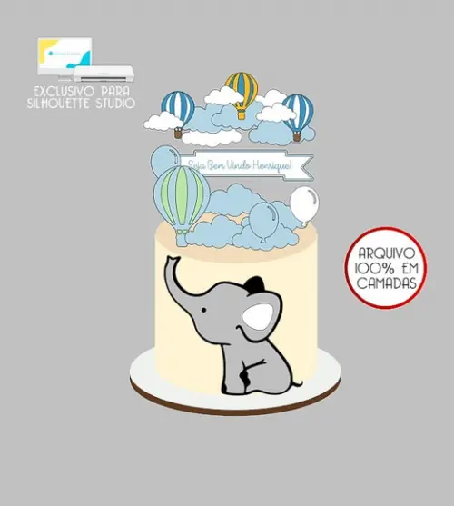 1580 - Arquivo Topo de Bolo Elefante Elefantinho Balões